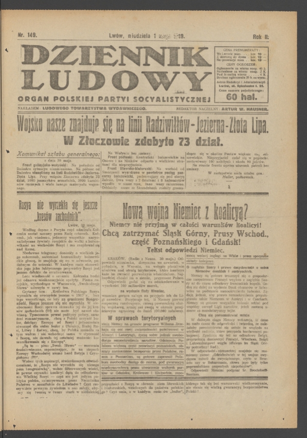 Dziennik Ludowy&nbsp;: organ Polskiej Partyi Socyalistycznej. Rok&nbsp;2, 1919, numer&nbsp;149