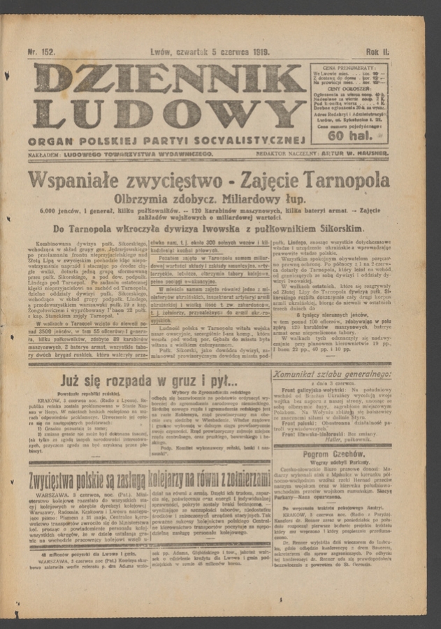 Dziennik Ludowy&nbsp;: organ Polskiej Partyi Socyalistycznej. Rok&nbsp;2, 1919, numer&nbsp;152