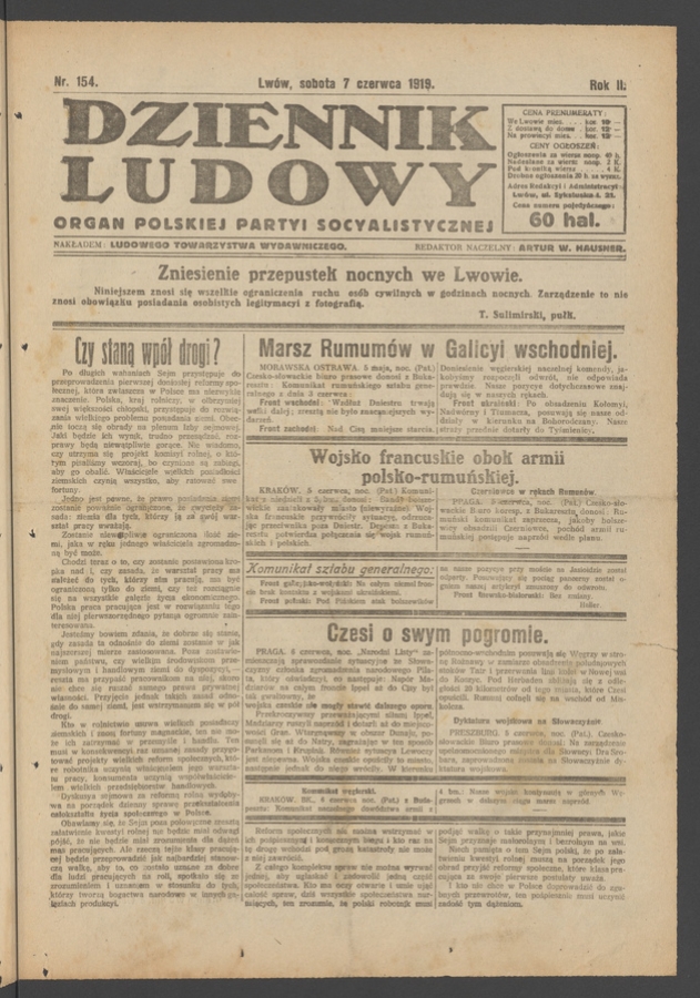 Dziennik Ludowy&nbsp;: organ Polskiej Partyi Socyalistycznej. Rok&nbsp;2, 1919, numer&nbsp;154
