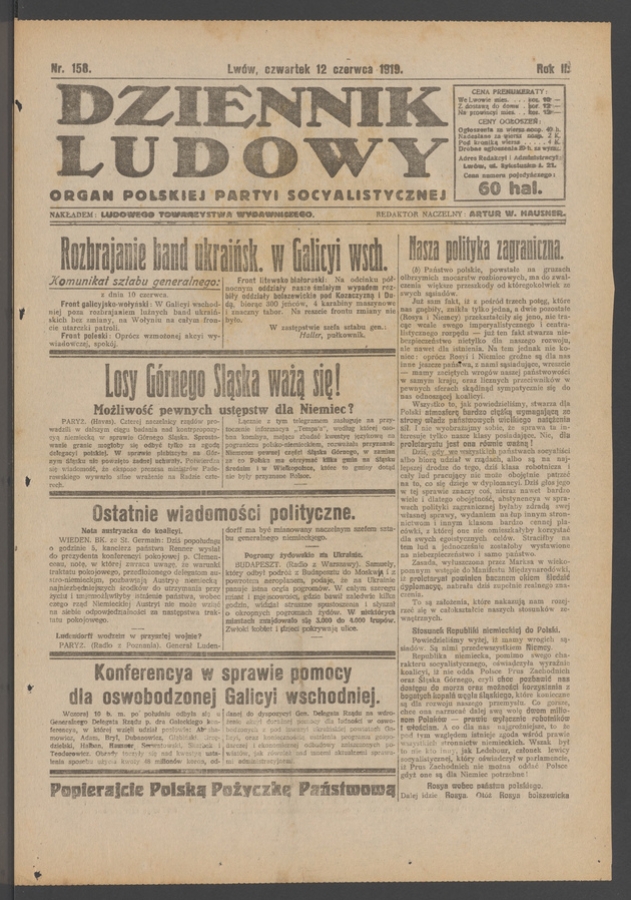 Dziennik Ludowy&nbsp;: organ Polskiej Partyi Socyalistycznej. Rok&nbsp;2, 1919, numer&nbsp;158