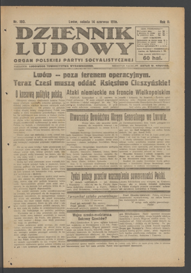 Dziennik Ludowy&nbsp;: organ Polskiej Partyi Socyalistycznej. Rok&nbsp;2, 1919, numer&nbsp;160