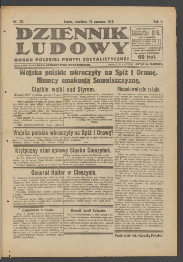 Dziennik Ludowy&nbsp;: organ Polskiej Partyi Socyalistycznej. Rok&nbsp;2, 1919, numer&nbsp;161