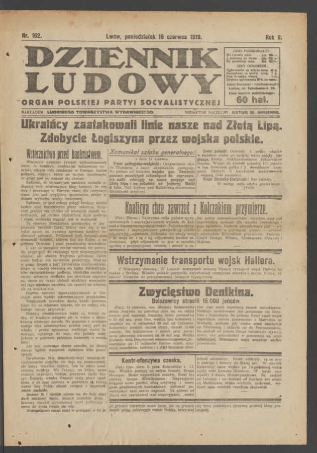 Dziennik Ludowy&nbsp;: organ Polskiej Partyi Socyalistycznej. Rok&nbsp;2, 1919, numer&nbsp;162