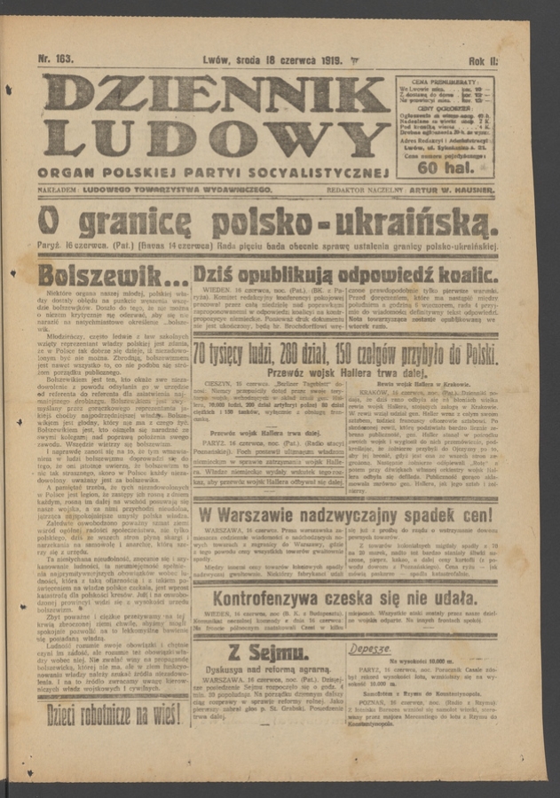Dziennik Ludowy&nbsp;: organ Polskiej Partyi Socyalistycznej. Rok&nbsp;2, 1919, numer&nbsp;163