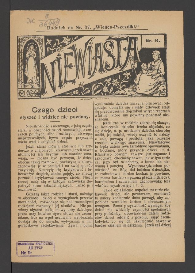 Niewiasta : dodatek do numeru 37 „Wieńca-Pszczółki”. Rok 8, 1908, numer 14