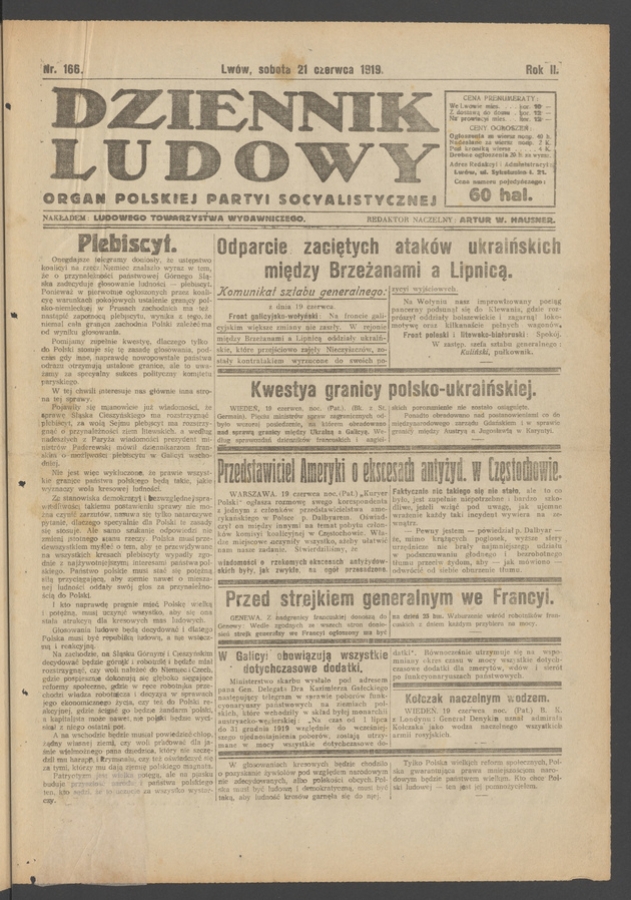 Dziennik Ludowy&nbsp;: organ Polskiej Partyi Socyalistycznej. Rok&nbsp;2, 1919, numer&nbsp;166