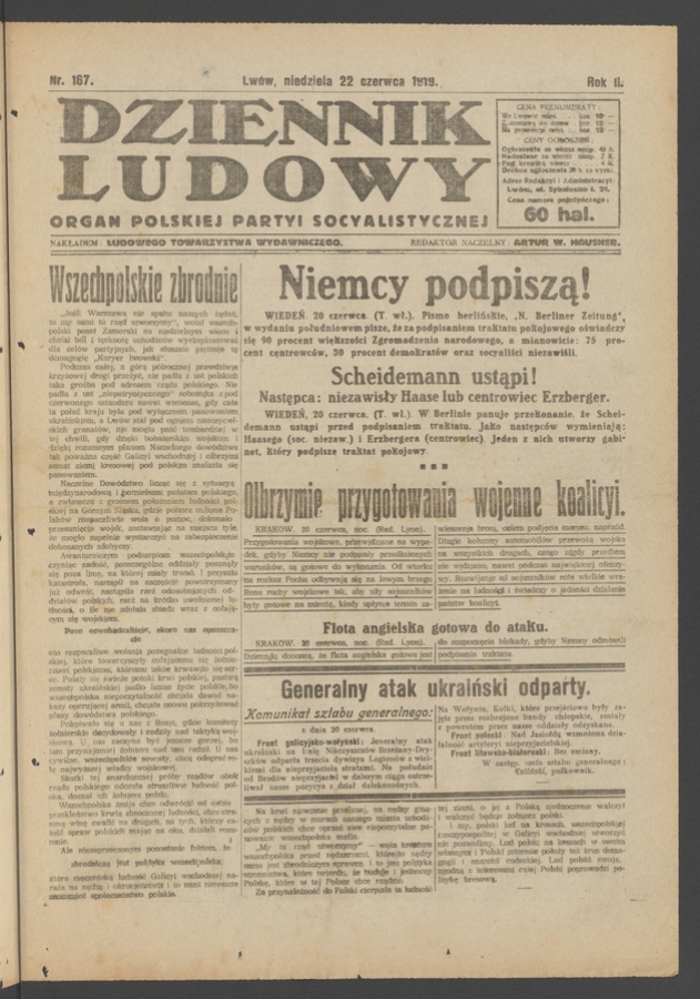 Dziennik Ludowy&nbsp;: organ Polskiej Partyi Socyalistycznej. Rok&nbsp;2, 1919, numer&nbsp;167