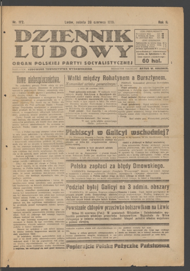 Dziennik Ludowy&nbsp;: organ Polskiej Partyi Socyalistycznej. Rok&nbsp;2, 1919, numer&nbsp;172