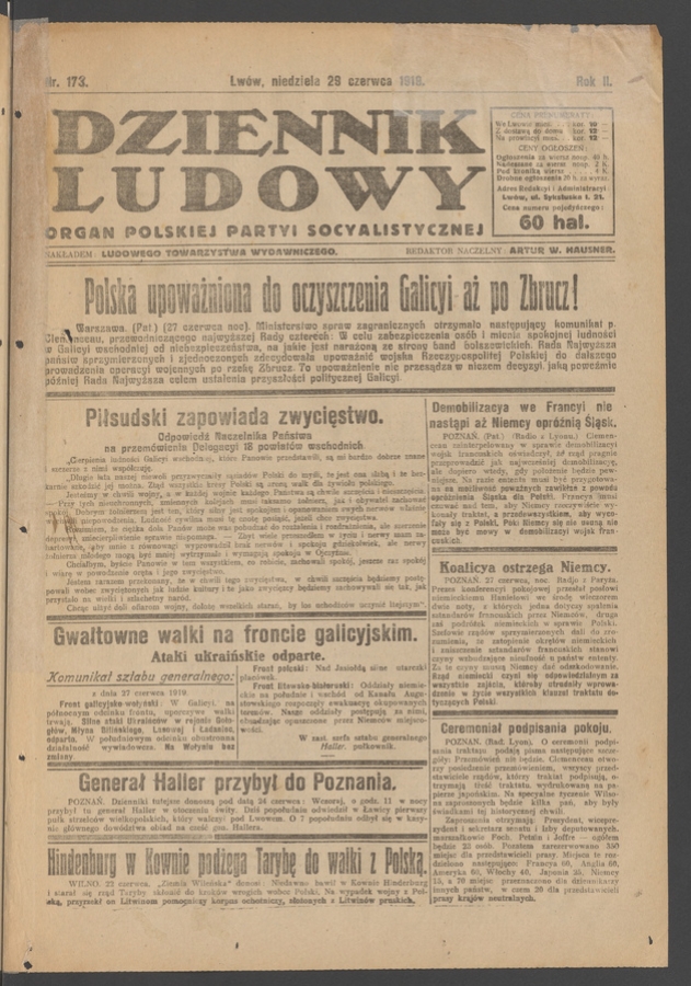 Dziennik Ludowy&nbsp;: organ Polskiej Partyi Socyalistycznej. Rok&nbsp;2, 1919, numer&nbsp;173