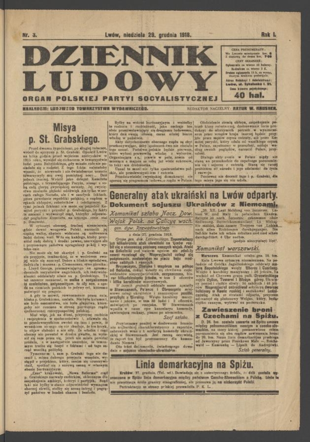 Dziennik Ludowy&nbsp;: organ Polskiej Partyi Socyalistycznej. Rok&nbsp;1, 1918, numer&nbsp;3