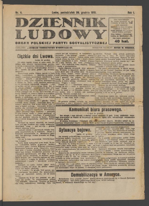 Dziennik Ludowy&nbsp;: organ Polskiej Partyi Socyalistycznej. Rok&nbsp;1, 1918, numer&nbsp;4