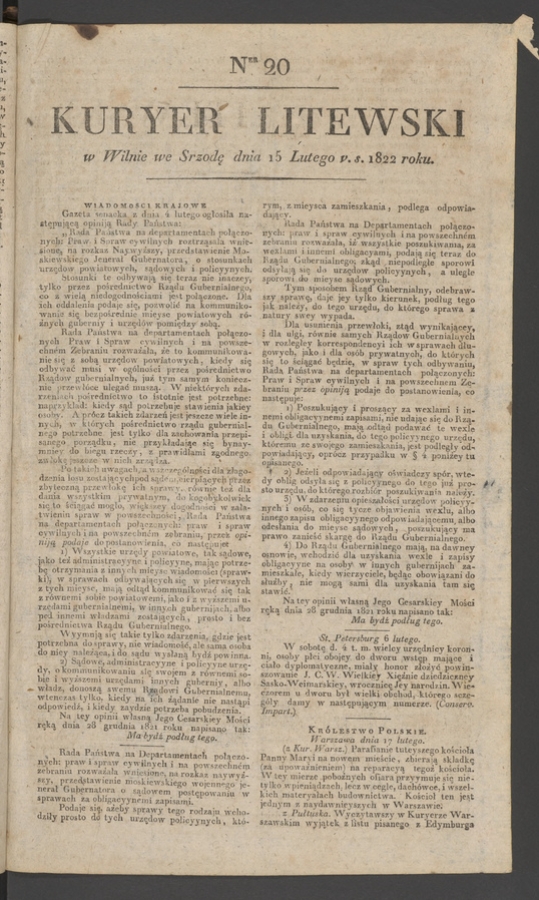 Kuryer Litewski. 1822, numer 20