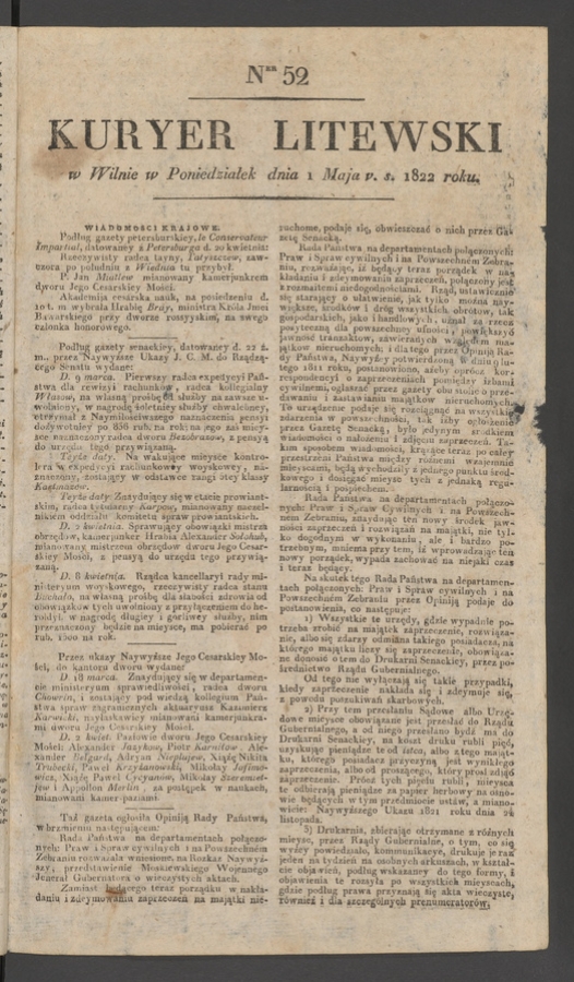 Kuryer Litewski. 1822, numer&nbsp;52