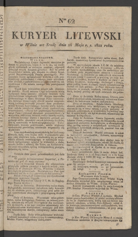 Kuryer Litewski. 1822, numer 62