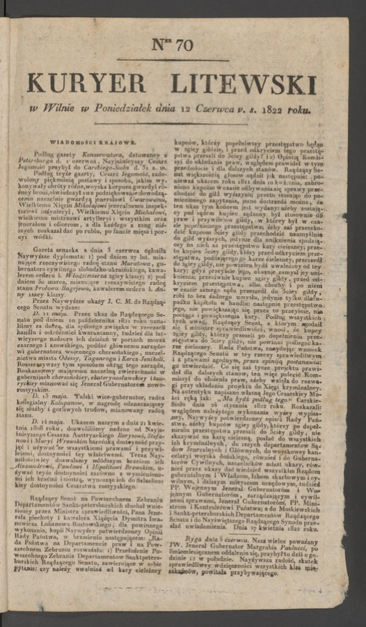 Kuryer Litewski. 1822, numer&nbsp;70
