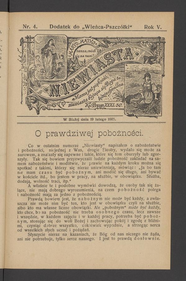 Niewiasta : dodatek do&nbsp;&bdquo;Wieńca-Pszcz&oacute;łki&rdquo;. Rok&nbsp;5, 1905, numer&nbsp;4