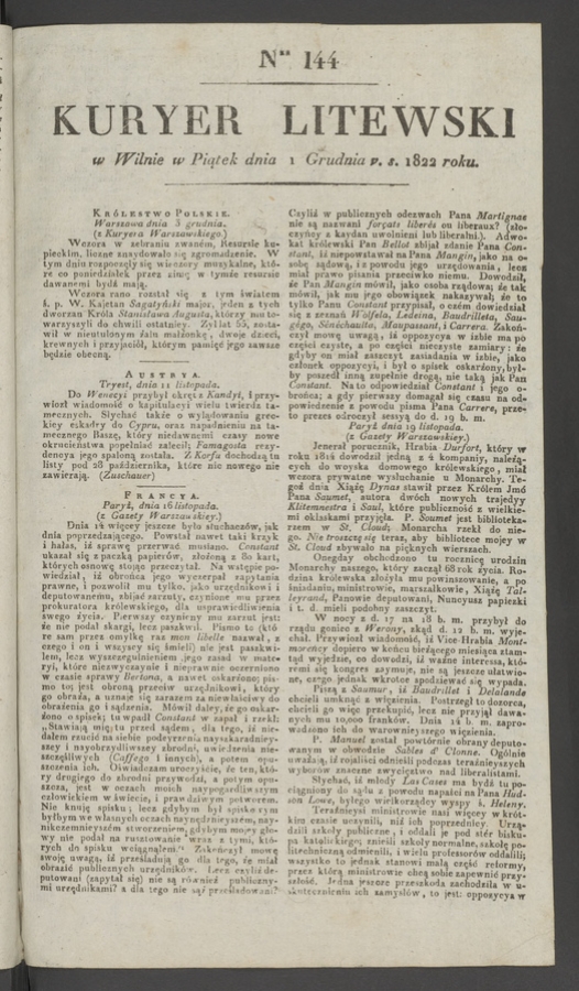 Kuryer Litewski. 1822, numer&nbsp;144