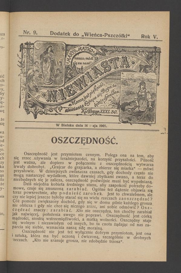 Niewiasta : dodatek do&nbsp;&bdquo;Wieńca-Pszcz&oacute;łki&rdquo;. Rok&nbsp;5, 1905, numer&nbsp;9
