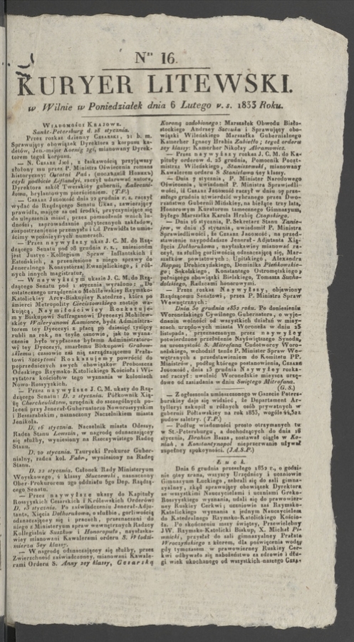Kuryer Litewski. 1833, numer&nbsp;16