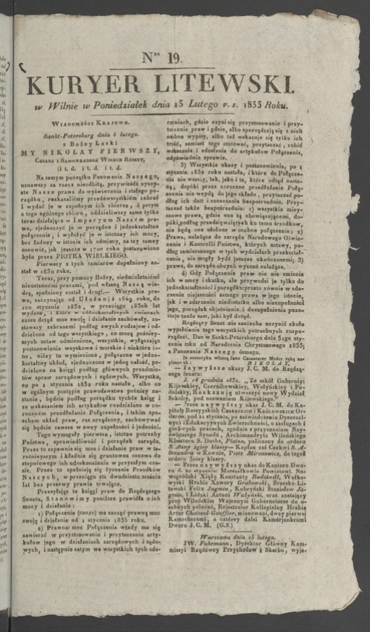 Kuryer Litewski. 1833, numer&nbsp;19