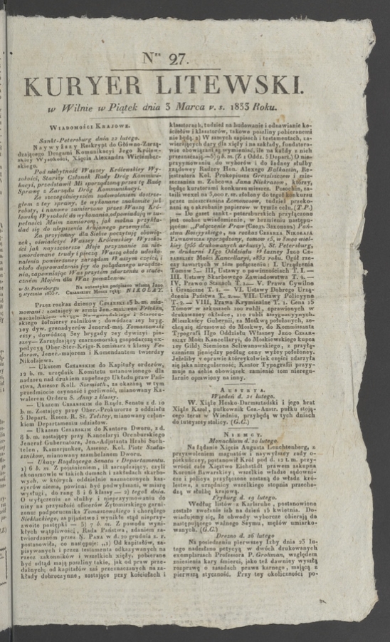 Kuryer Litewski. 1833, numer&nbsp;27