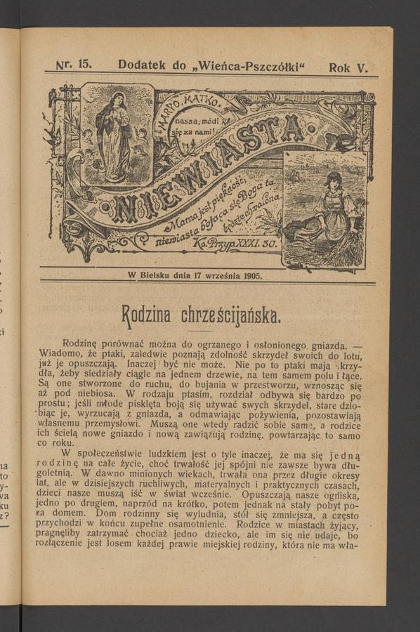 Niewiasta : dodatek do&nbsp;&bdquo;Wieńca-Pszcz&oacute;łki&rdquo;. Rok&nbsp;5, 1905, numer&nbsp;15