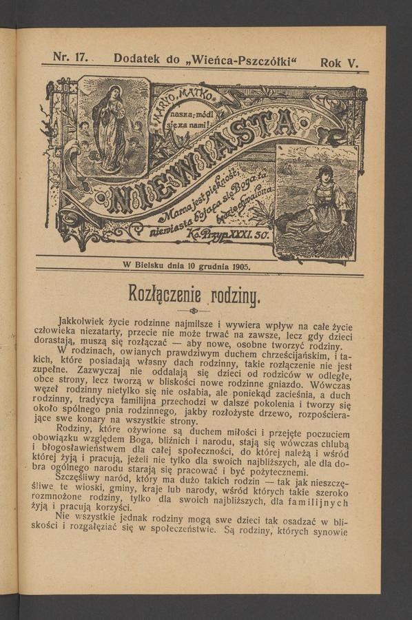 Niewiasta : dodatek do&nbsp;&bdquo;Wieńca-Pszcz&oacute;łki&rdquo;. Rok&nbsp;5, 1905, numer&nbsp;17