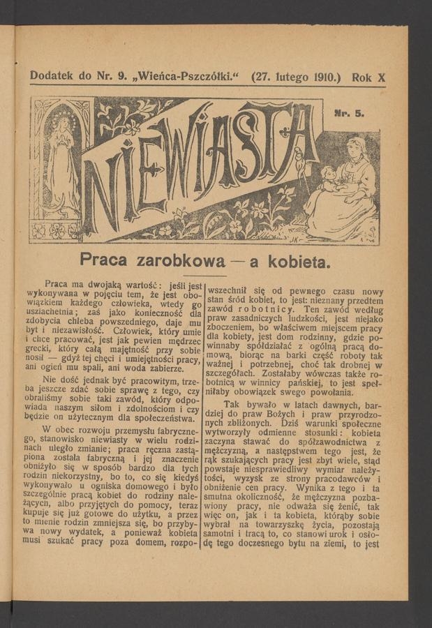 Niewiasta : dodatek do numeru&nbsp;9&nbsp;&bdquo;Wieńca-Pszcz&oacute;łki&rdquo;. Rok&nbsp;10, 1910, numer&nbsp;5