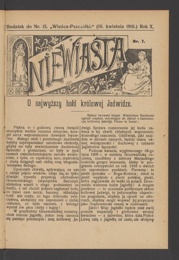 Niewiasta : dodatek do numeru&nbsp;15&nbsp;&bdquo;Wieńca-Pszcz&oacute;łki&rdquo;. Rok&nbsp;10, 1910, numer&nbsp;7