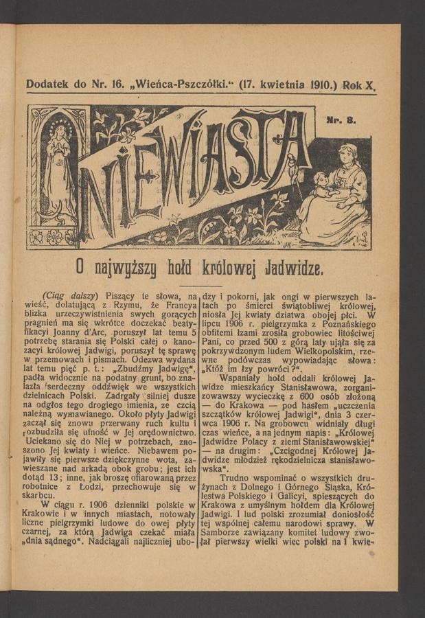 Niewiasta : dodatek do numeru&nbsp;16&nbsp;&bdquo;Wieńca-Pszcz&oacute;łki&rdquo;. Rok&nbsp;10, 1910, numer&nbsp;8