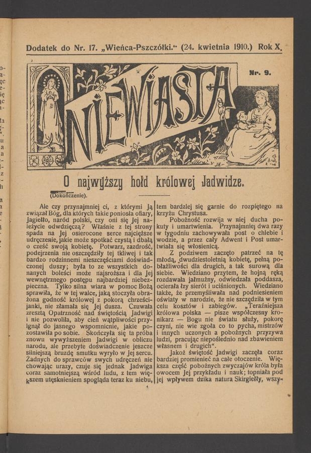 Niewiasta : dodatek do numeru&nbsp;17&nbsp;&bdquo;Wieńca-Pszcz&oacute;łki&rdquo;. Rok&nbsp;10, 1910, numer&nbsp;9