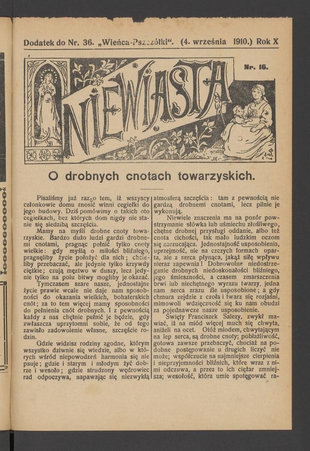 Niewiasta : dodatek do numeru&nbsp;36&nbsp;&bdquo;Wieńca-Pszcz&oacute;łki&rdquo;. Rok&nbsp;10, 1910, numer&nbsp;16