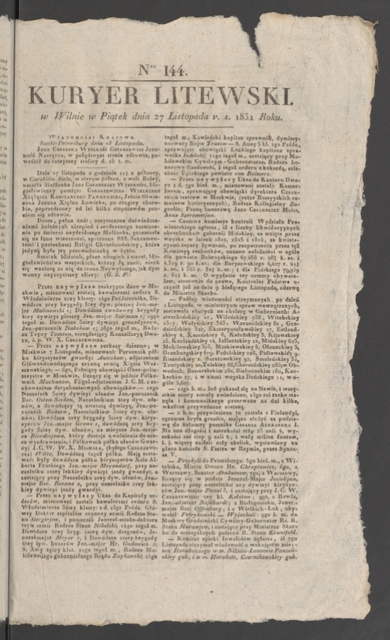 Kuryer Litewski. 1831, numer&nbsp;144
