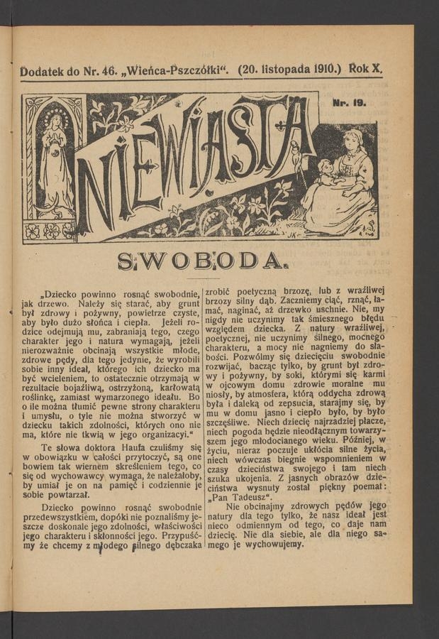 Niewiasta : dodatek do numeru&nbsp;46&nbsp;&bdquo;Wieńca-Pszcz&oacute;łki&rdquo;. Rok&nbsp;10, 1910, numer&nbsp;19