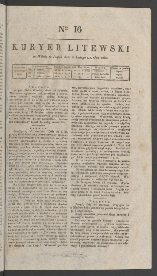 Kuryer Litewski. 1820, numer&nbsp;16