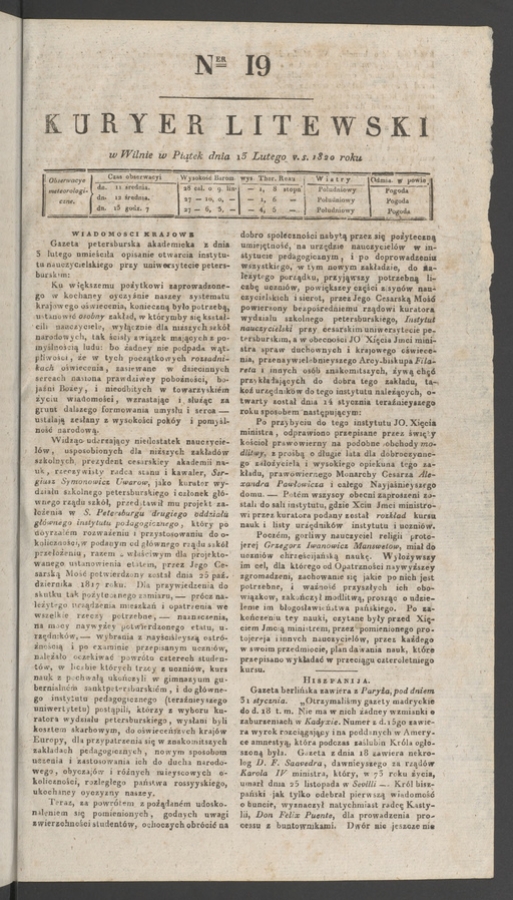 Kuryer Litewski. 1820, numer&nbsp;19