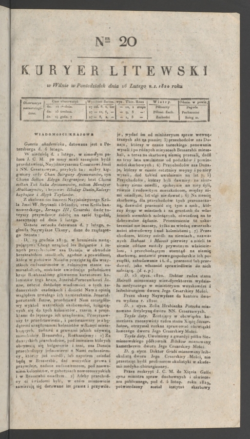 Kuryer Litewski. 1820, numer&nbsp;20