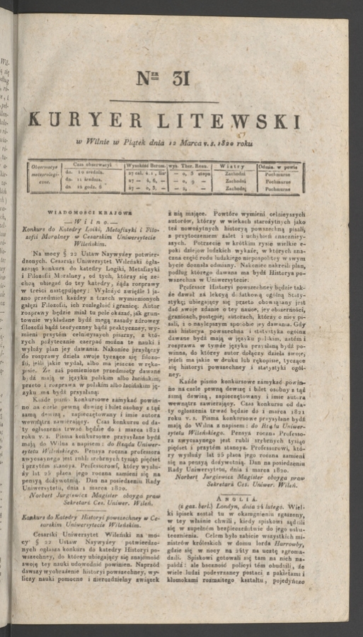 Kuryer Litewski. 1820, numer&nbsp;31
