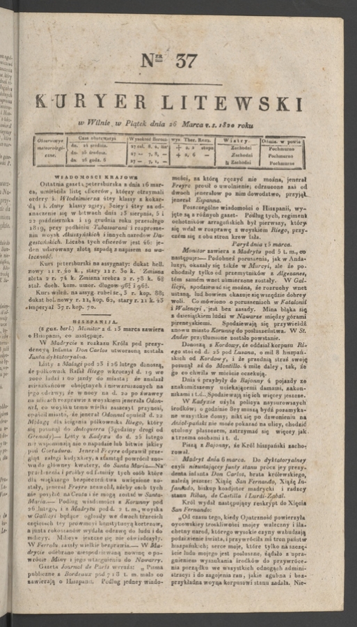 Kuryer Litewski. 1820, numer&nbsp;37