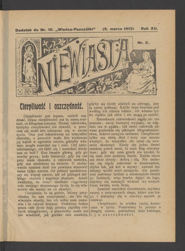 Niewiasta : dodatek do&nbsp;numeru&nbsp;10 &bdquo;Wieńca-Pszcz&oacute;łki&rdquo;. Rok&nbsp;13, 1913, numer&nbsp;2