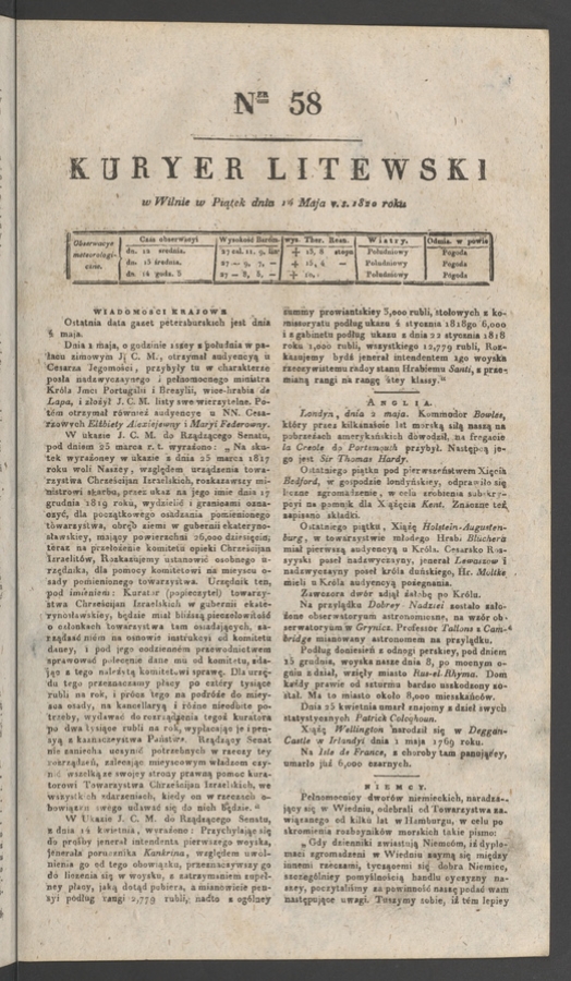 Kuryer Litewski. 1820, numer&nbsp;58