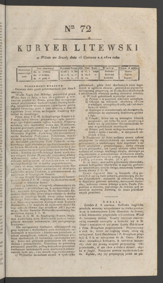 Kuryer Litewski. 1820, numer&nbsp;72
