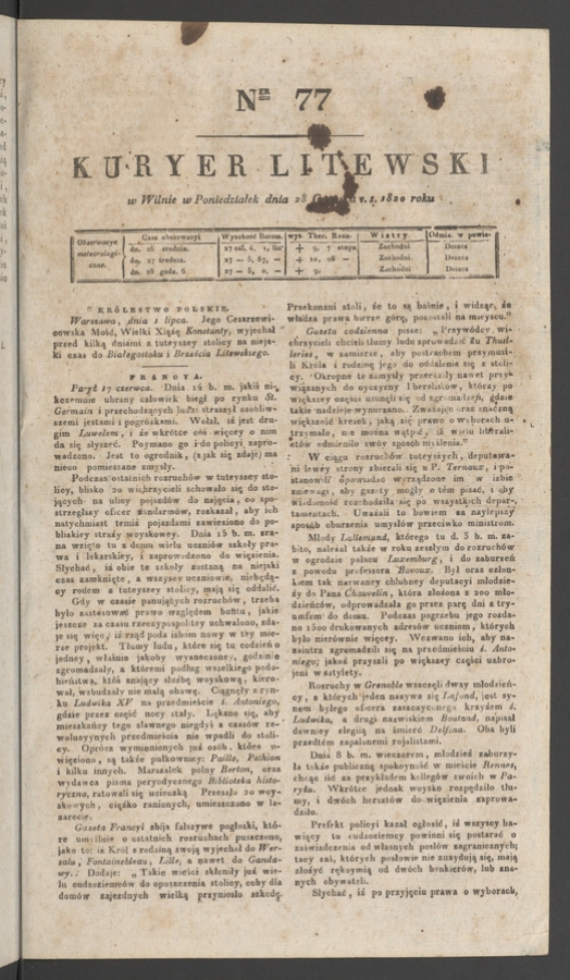 Kuryer Litewski. 1820, numer&nbsp;77