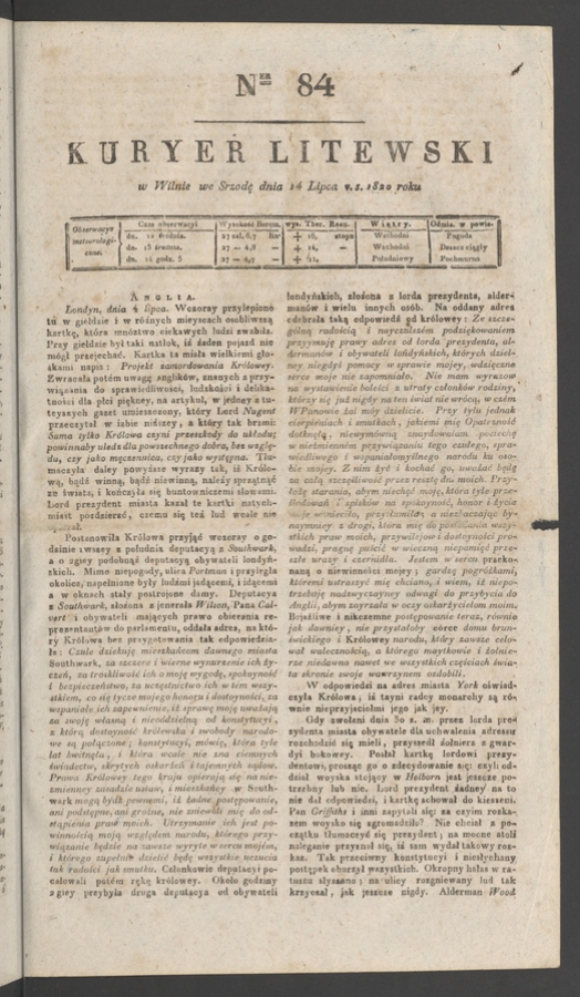 Kuryer Litewski. 1820, numer&nbsp;84