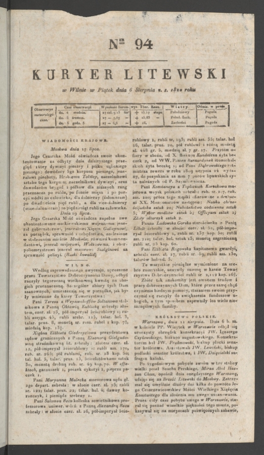 Kuryer Litewski. 1820, numer&nbsp;94