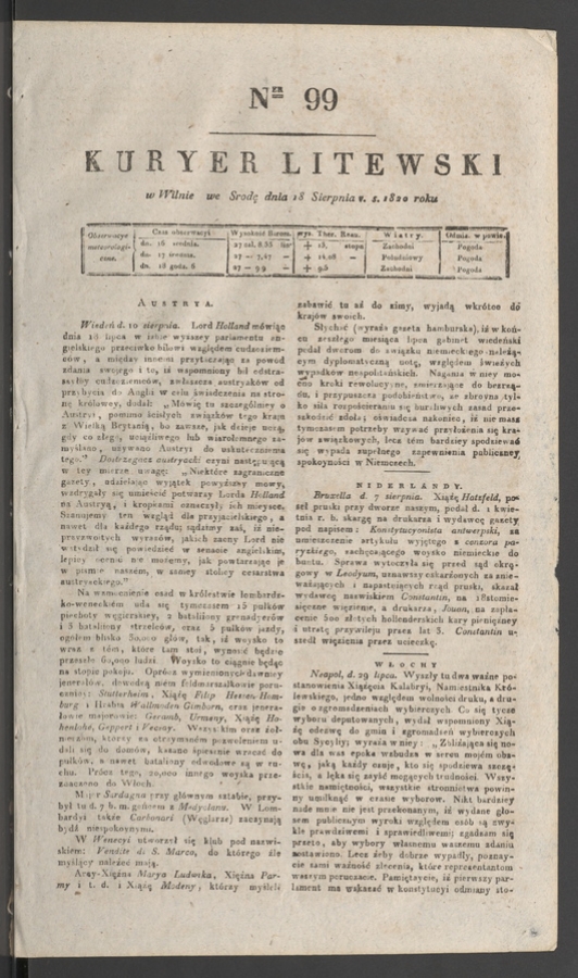 Kuryer Litewski. 1820, numer&nbsp;99