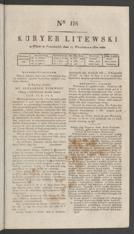 Kuryer Litewski. 1820, numer&nbsp;116