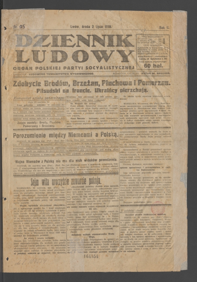 Dziennik Ludowy&nbsp;: organ Polskiej Partyi Socyalistycznej. Rok&nbsp;2, 1919, numer&nbsp;175