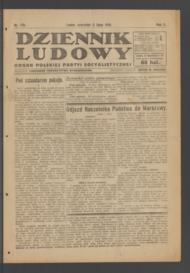 Dziennik Ludowy&nbsp;: organ Polskiej Partyi Socyalistycznej. Rok&nbsp;2, 1919, numer&nbsp;176
