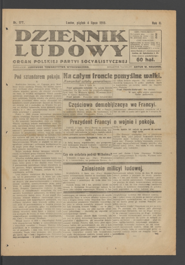 Dziennik Ludowy&nbsp;: organ Polskiej Partyi Socyalistycznej. Rok&nbsp;2, 1919, numer&nbsp;177
